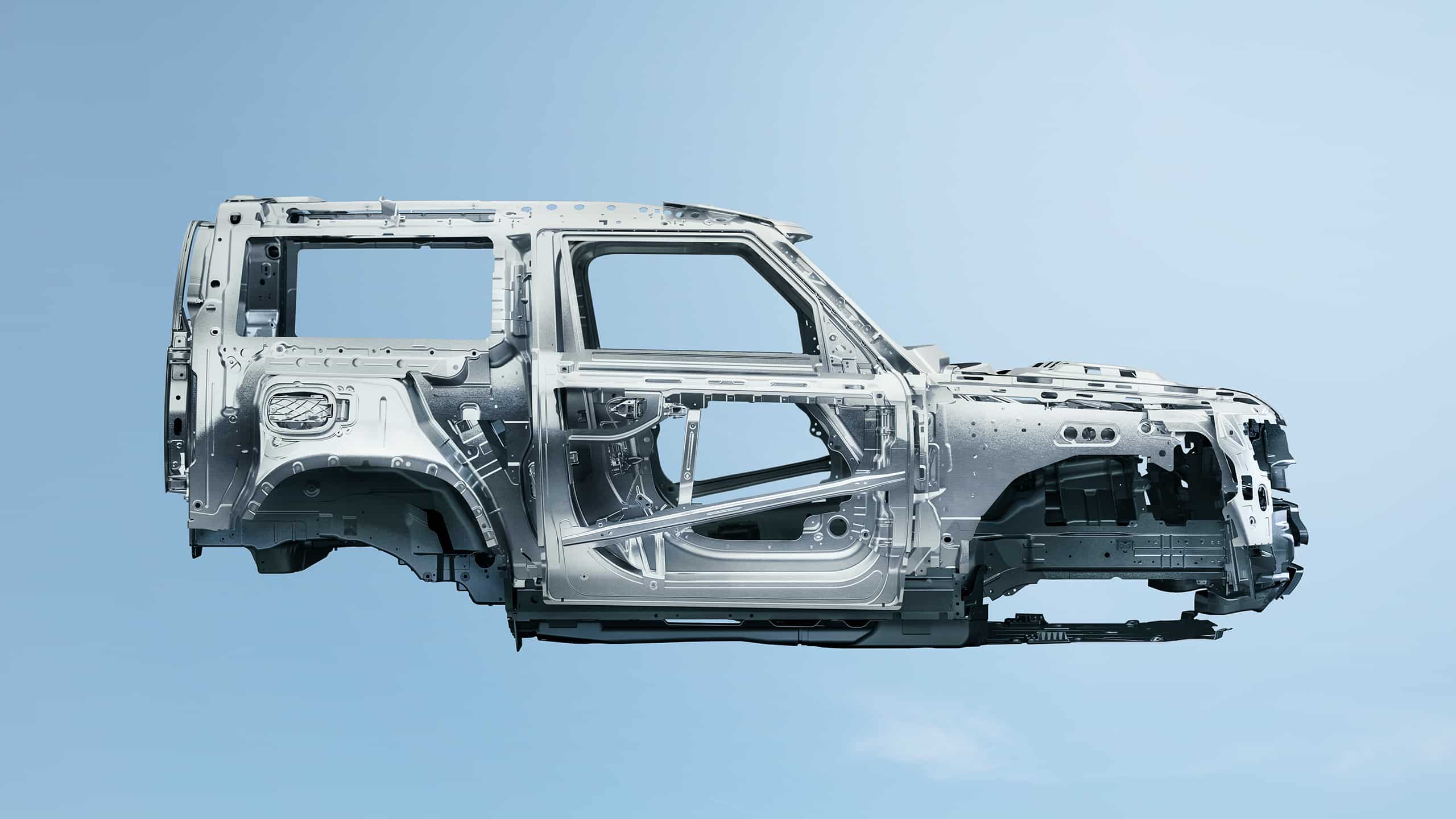 Side view of production car chassis frame